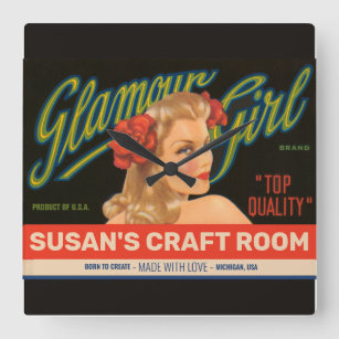 Custom Craft Room Vintage Glamour Girl Ad Art Square Wall Clock