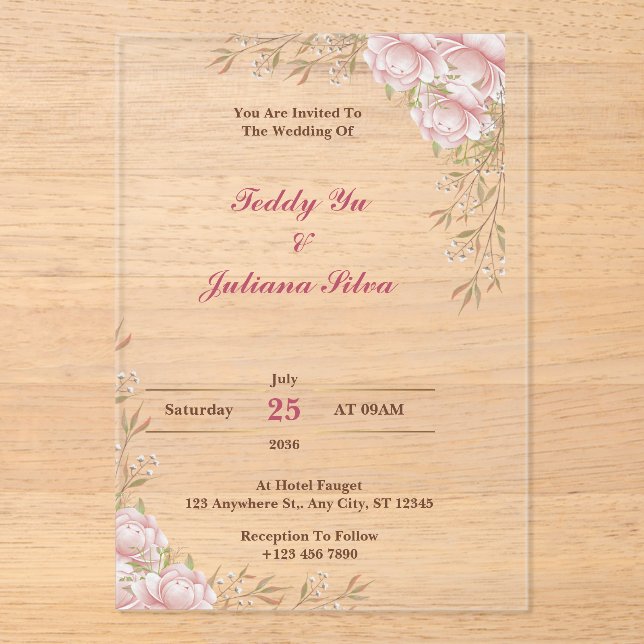 Custom Cream Floral Acrylic Wedding Invitations (Front)