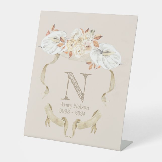 Custom Cream Rose Monogram Crest Funeral  Pedestal Sign (Front)