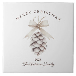 Custom cream white pinecone Christmas gift Ceramic Tile