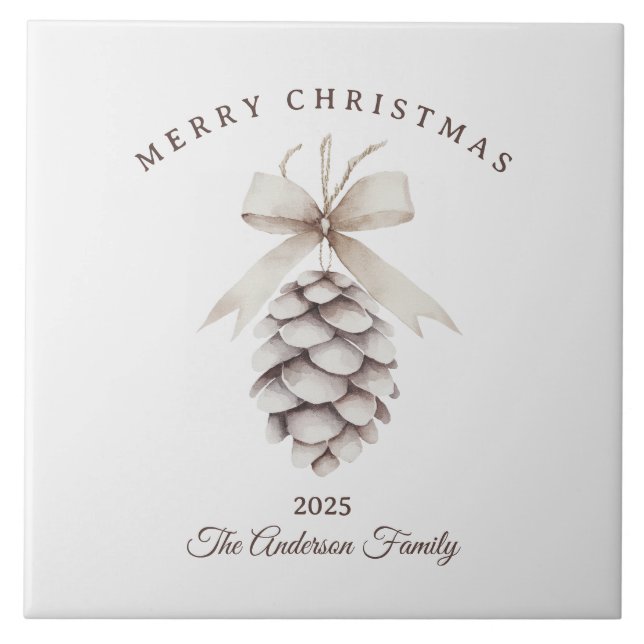 Custom cream white pinecone Christmas gift Ceramic Tile (Front)
