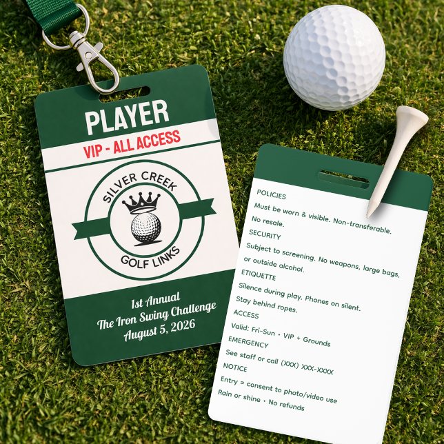 Custom Create Your Own Golf Tournament ID Badge (Classic golf badge design featuring crossed clubs, green fairway accents, and tournament-ready style)