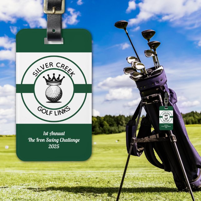 Custom Create Your Own Golf Tournament Luggage Tag (Golf ID Tag / Tournament Tag - Modern logo style with golf ball and crown. Perfect for golfers.)