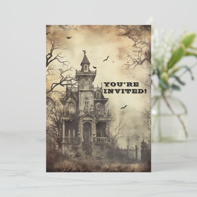 Custom Creepy Mansion Halloween Party Invitation (Standing Front)