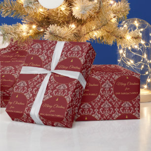 Custom Crimson Dusty Rose Damask Christmas. Wrapping Paper