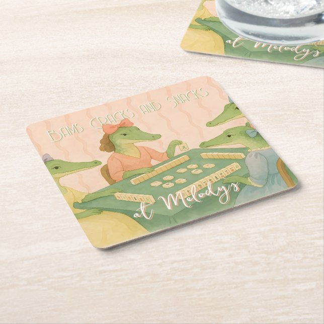 Custom Crocodiles Playing Mahjong Square Paper Coaster (Angled)