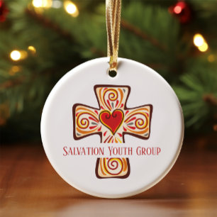 Custom Cross Keepsake w Heart for Church Youth Ceramic Ornament