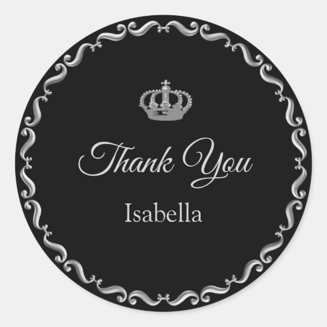 Custom Crown Logo Thank You on Grey & Black Classic Round Sticker (Front)