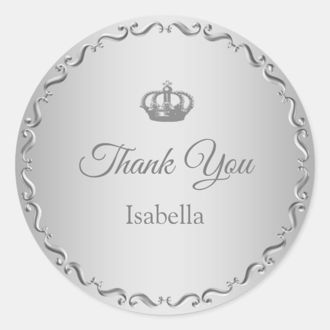 Custom Crown Logo Thank You on Silver Grey Classic Round Sticker (Front)