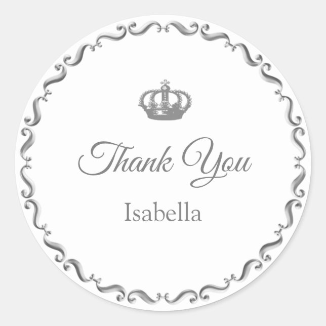 Custom Crown Logo Thank You on Silver Grey & White Classic Round Sticker (Front)