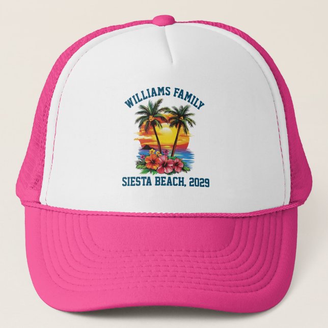 Custom Cruise Pink Palm Tree Beach Family Reunion  Trucker Hat (Front)