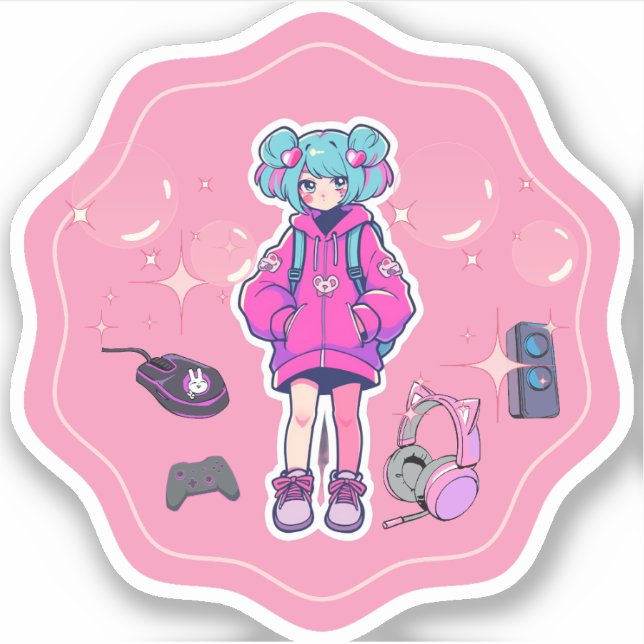 Custom-Cut Vinyl Sticker,gamer girl,pink (Front)