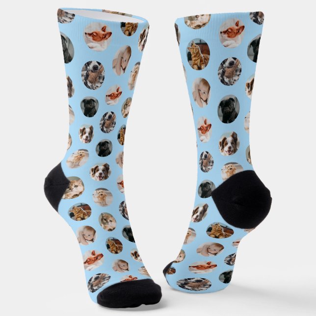 Custom Cute 8-Photo Pet Collage | Pastel Blue Socks (Angled)