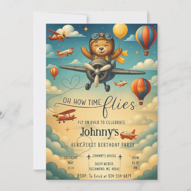 Custom cute Aeroplane first Birthday boy Invitation (Front)