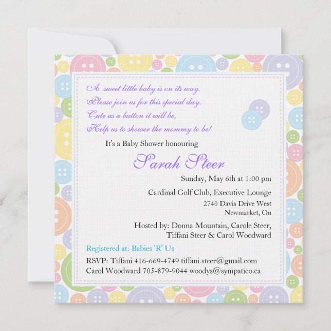 Custom Cute as a Button Twins Baby Shower Invite (Front)
