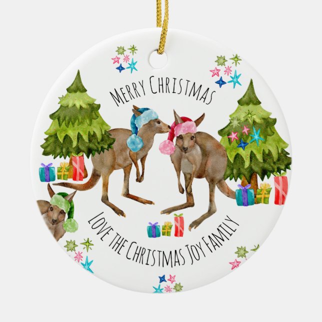 Custom Cute Aussie Kangaroo Christmas Ceramic Ornament (Front)