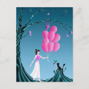 Custom Cute Ballerina and Cat Night Sky Postcard