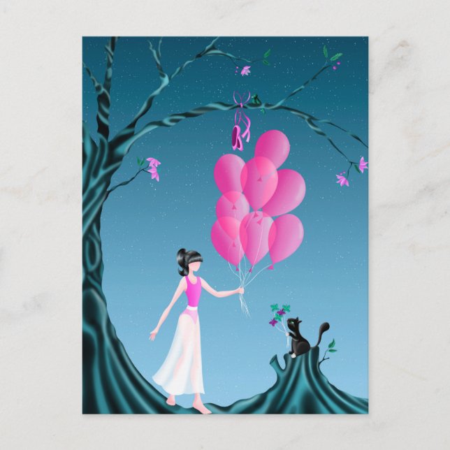 Custom Cute Ballerina and Cat Night Sky Postcard (Front)
