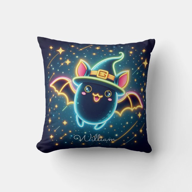 Custom Cute Bat Witch's Hat Halloween Nursery Cushion (Front)