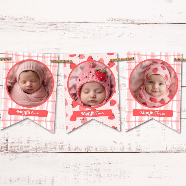 Custom Cute Berry First 1st Birthday Pink 12 Photo Bunting (Custom Cute Berry First 1st Birthday Pink 12 Photo Bunting Flags)