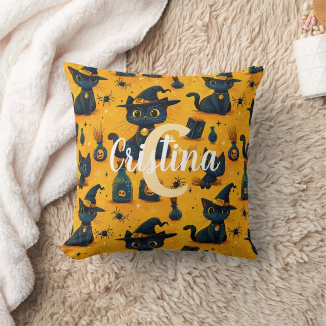 Custom Cute Black Cats Pattern Orange Halloween Cushion (Blanket)