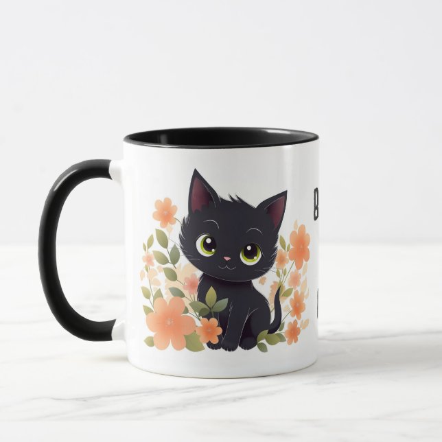 Custom Cute Black Kitten with Flowers Mug (Left)