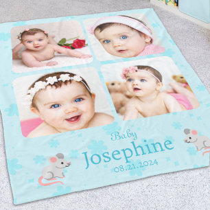Custom Cute Blue Baby Name Photo Fleece Blanket