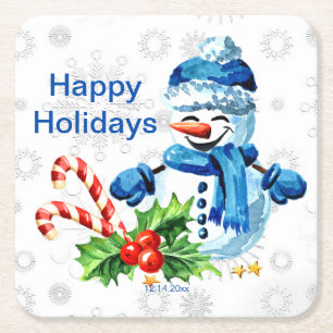  Custom Cute Blue Snowman Christmas Party Square Paper Coaster