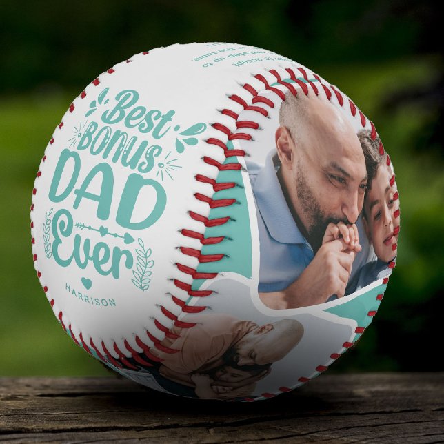 Custom Cute Bonus Dad 4 Photo & Quote Father Gift Baseball (Creator Uploaded)