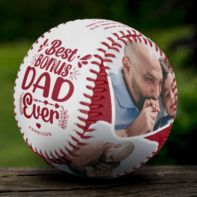Custom Cute Bonus Dad 4 Photo & Quote Father Gift Baseball (Creator Uploaded)