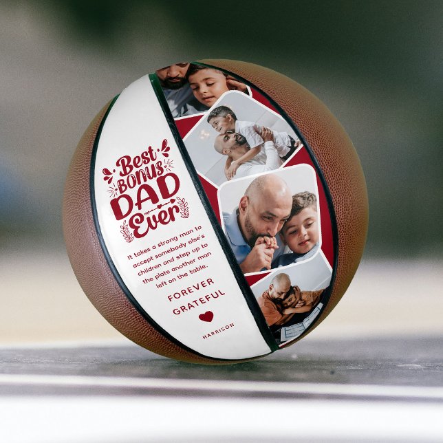 Custom Cute Bonus Dad 4 Photo & Quote Father Gift Basketball (Creator Uploaded)