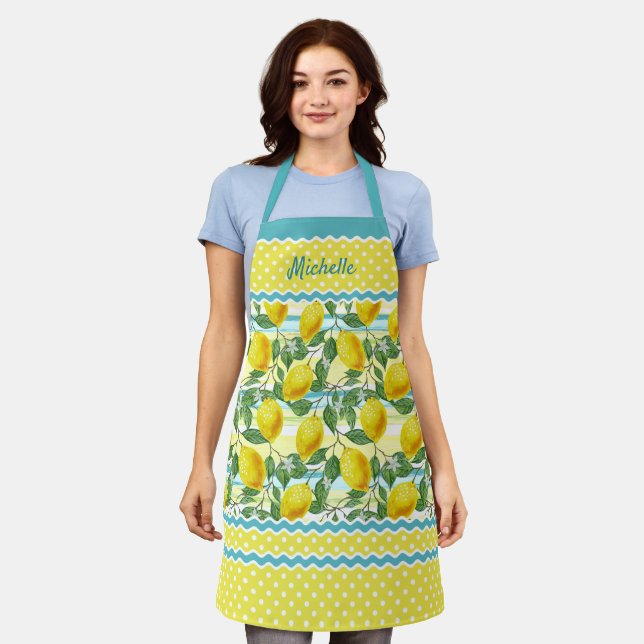 Custom Cute Botanical Yellow Lemons Green Leaves Apron (Worn)