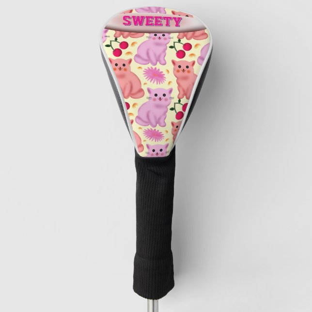 Custom Cute Cat Cherry Floral Pattern Golf Head Cover (Front)