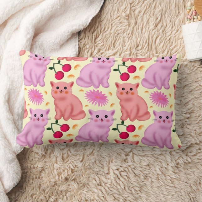 Custom Cute Cat Cherry Floral Pattern Lumbar Cushion (Blanket)