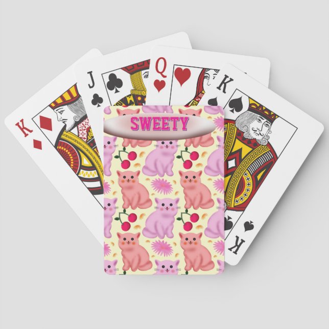 Custom Cute Cat Cherry Floral Pattern Playing Cards (Back)