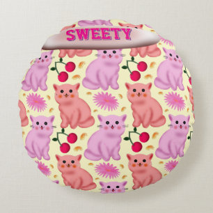 Custom Cute Cat Cherry Floral Pattern Round Cushion