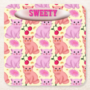 Custom Cute Cat Cherry Floral Pattern Square Paper Coaster