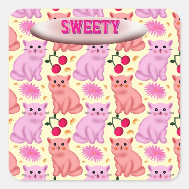 Custom Cute Cat Cherry Floral Pattern Square Sticker (Front)