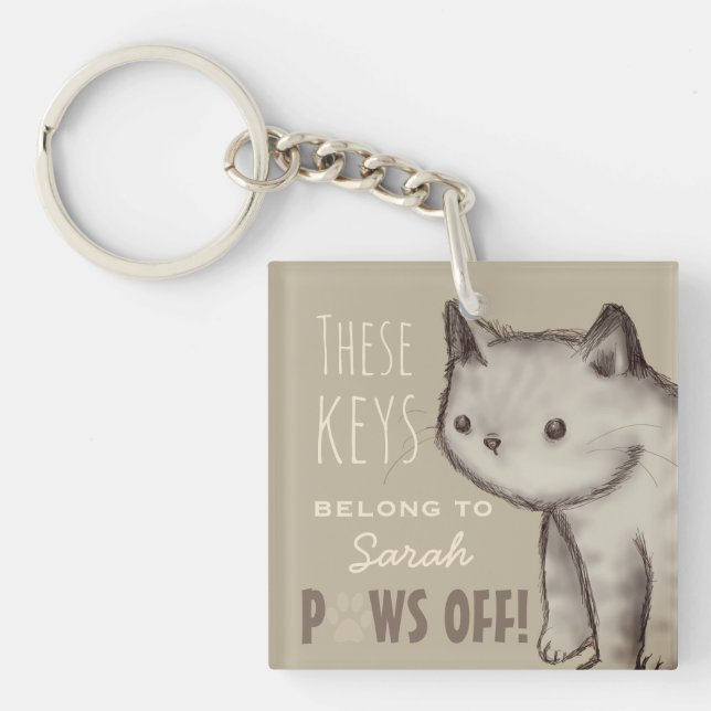 Custom Cute Cat Illustration Paws Off Personalised Key Ring (Front)