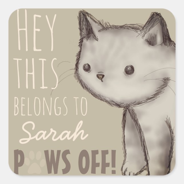 Custom Cute Cat Illustration Paws Off Square Sticker (Front)