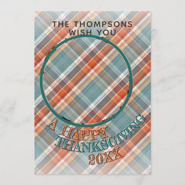 Custom Cute Cheerful Thanksgiving Plaid Pattern Holiday Card (Front)