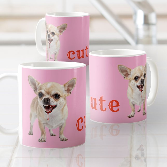 Custom Cute Chihuahua Aggro Nasty Vicious Coffee Mug (Funny Cute Chihuahua with scary bloody teeth. Sweet irony! Design by Renate Kriegler for Chimigos.)