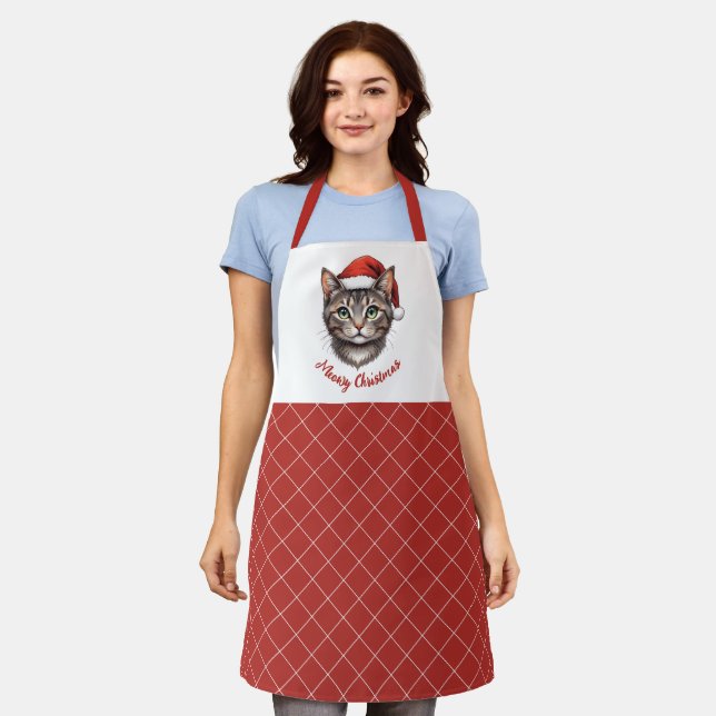 Custom Cute Christmas Cat with Santa Hat Apron (Worn)