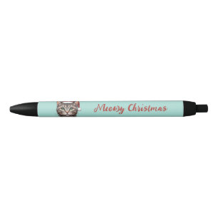Custom Cute Christmas Cat with Santa Hat Black Ink Pen