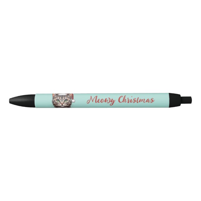 Custom Cute Christmas Cat with Santa Hat Black Ink Pen (Front)
