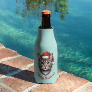 Custom Cute Christmas Cat with Santa Hat Bottle Cooler