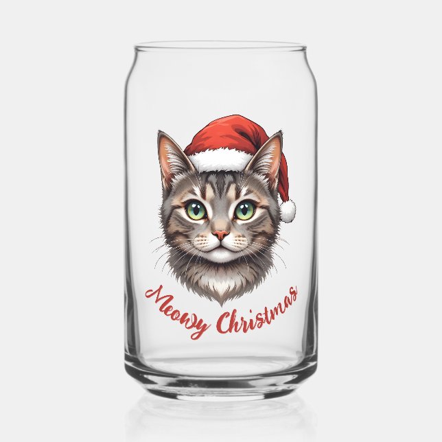Custom Cute Christmas Cat with Santa Hat Can Glass (Front)