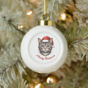 Custom Cute Christmas Cat with Santa Hat Ceramic Ball Christmas Ornament