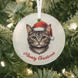 Custom Cute Christmas Cat with Santa Hat Glass Tree Decoration