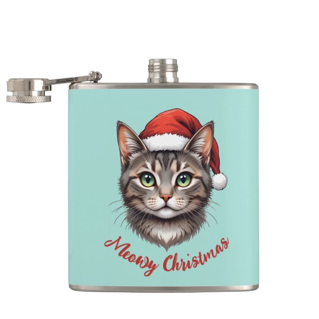Custom Cute Christmas Cat with Santa Hat Hip Flask (Opened)